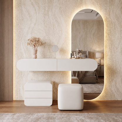 Modern Floating Vanity Table with LED Oval Mirror, Storage Drawer  and Stool- Luxury Wall Mounted Dressing Desk