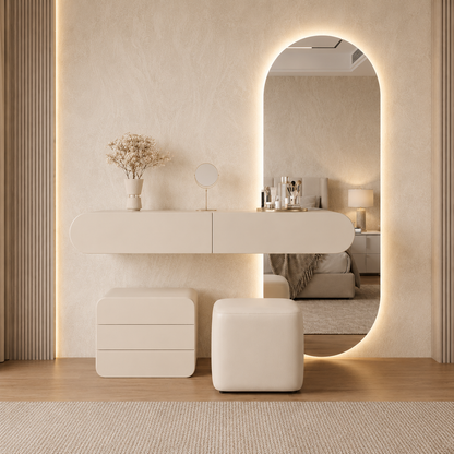 Modern Floating Vanity Table with LED Oval Mirror, Storage Drawer  and Stool- Luxury Wall Mounted Dressing Desk