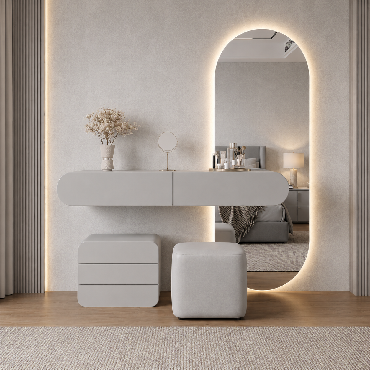 Modern Floating Vanity Table with LED Oval Mirror, Storage Drawer  and Stool- Luxury Wall Mounted Dressing Desk
