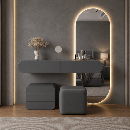 Modern Floating Vanity Table with LED Oval Mirror, Storage Drawer  and Stool- Luxury Wall Mounted Dressing Desk