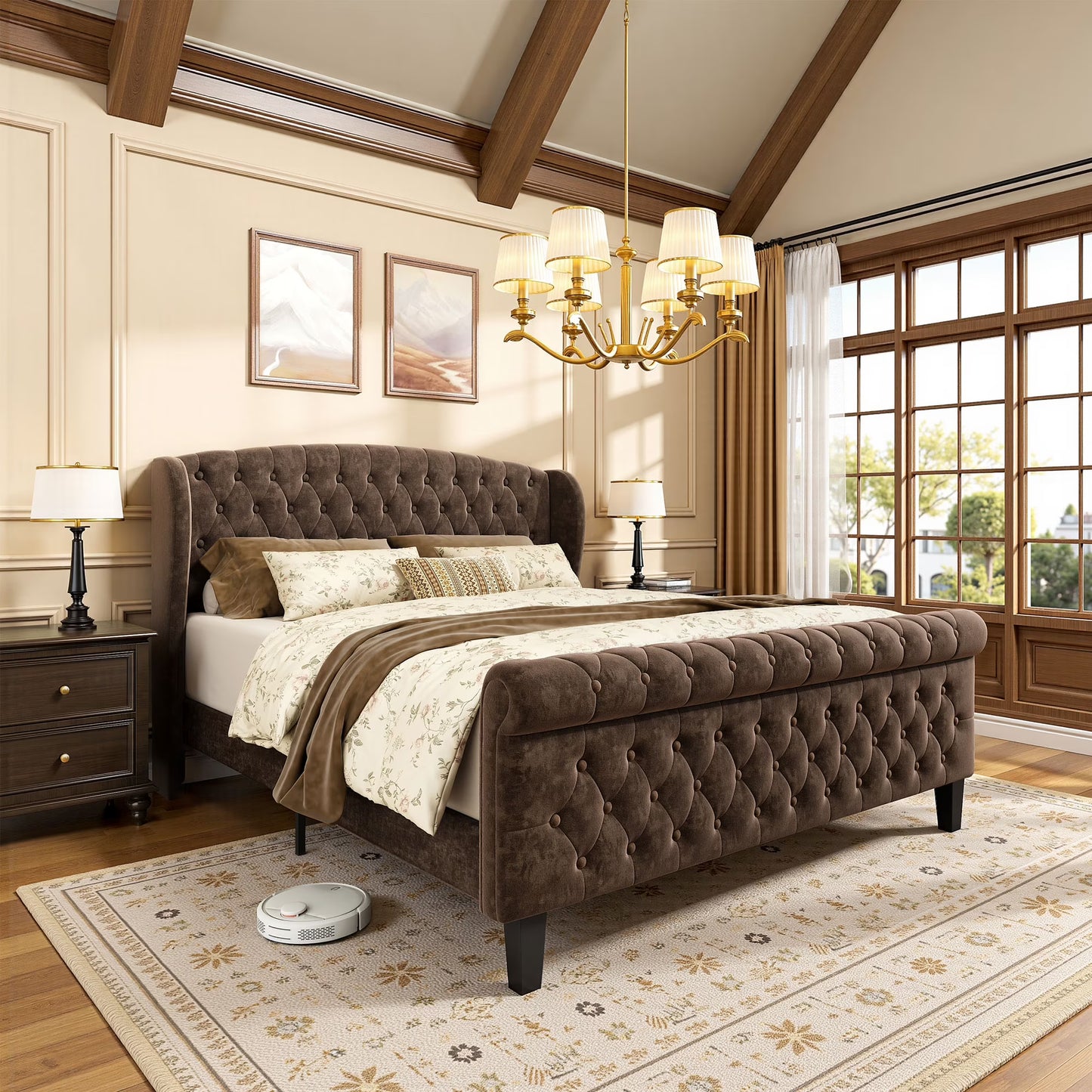 Grand Palace Upholstered Sleigh Bed Frame with Scrolled Headboard and Footboard.