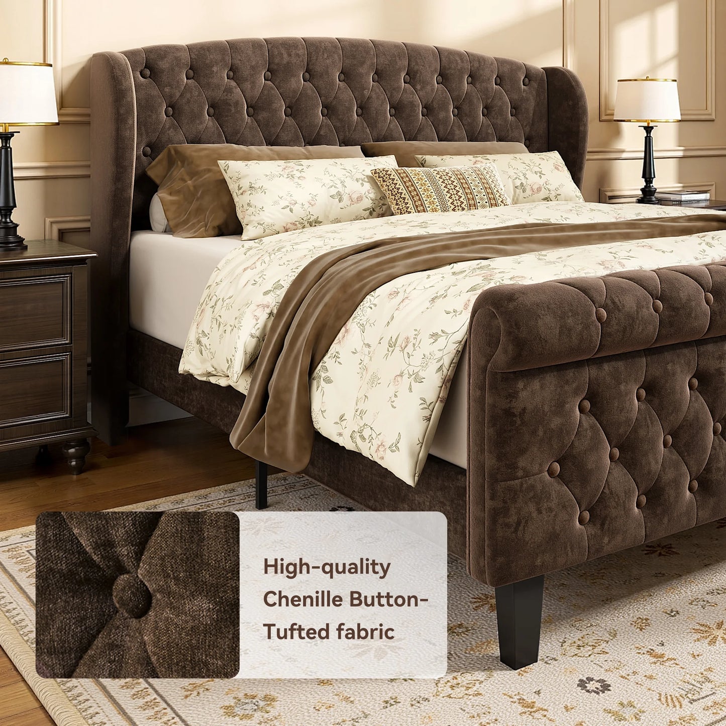 Grand Palace Upholstered Sleigh Bed Frame with Scrolled Headboard and Footboard.