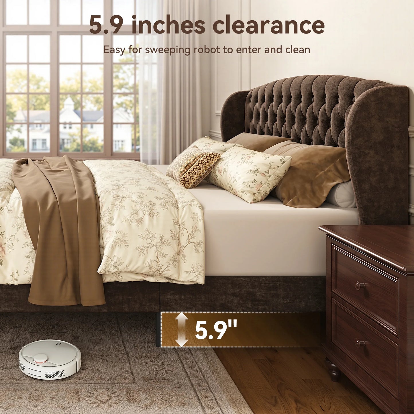 Grand Palace Upholstered Sleigh Bed Frame with Scrolled Headboard and Footboard.