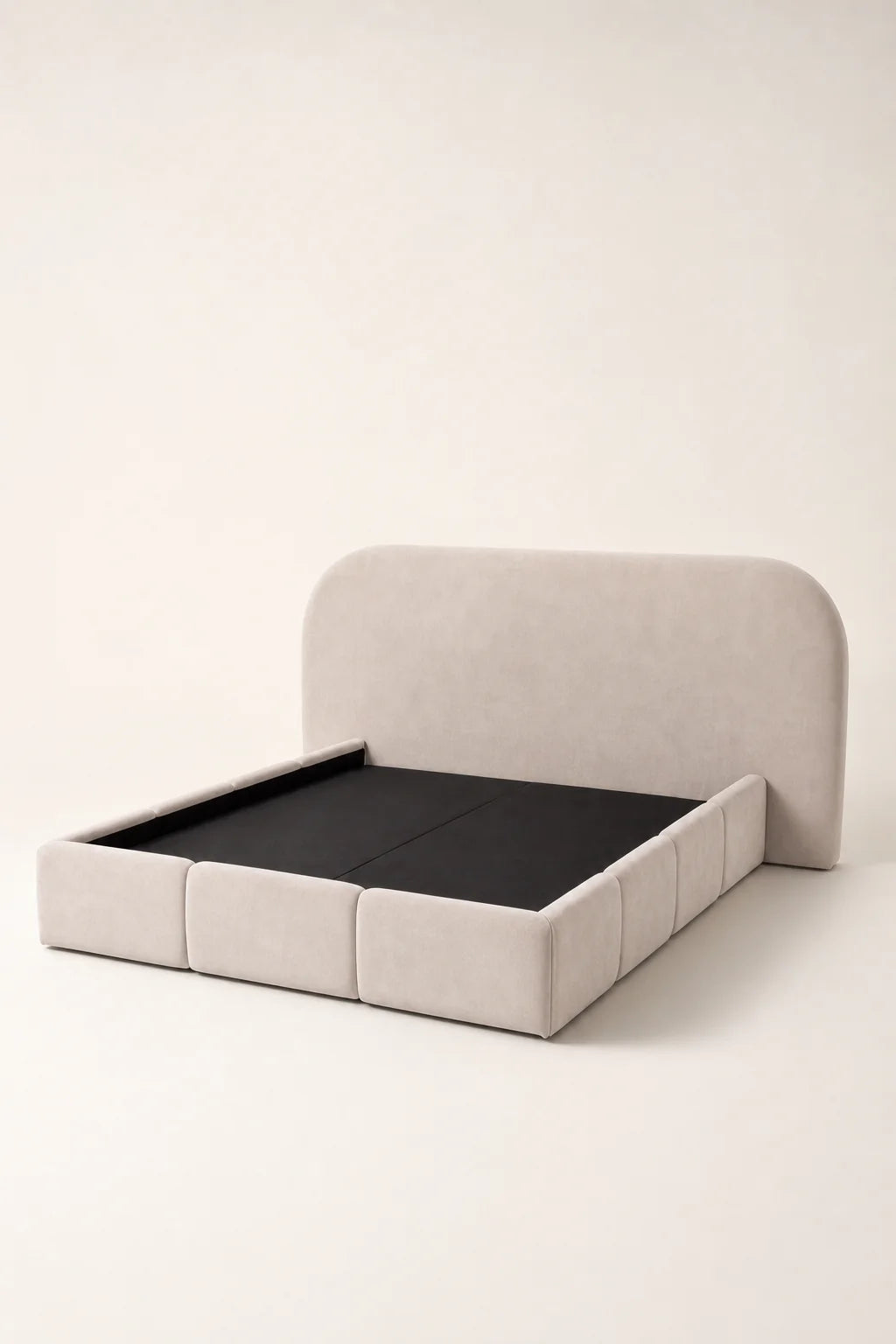 Modern Beige Upholstered Bed Frame with Rounded Headboard.