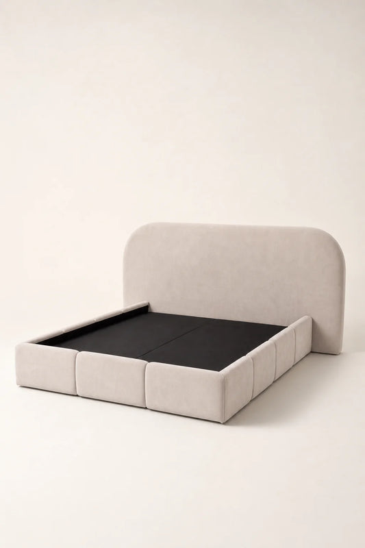 Modern Beige Upholstered Bed Frame with Rounded Headboard.