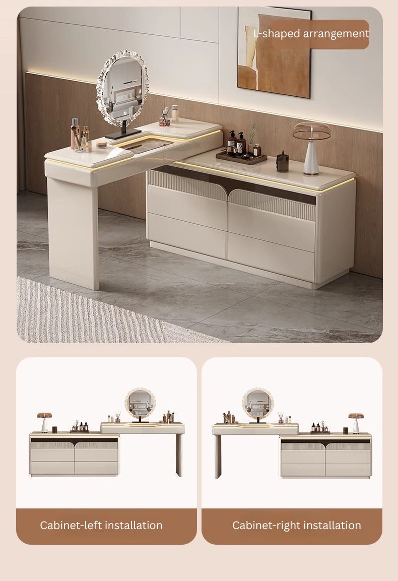 Premium Wooden Lighted Dressing Table, Glossy Off-White Finish.