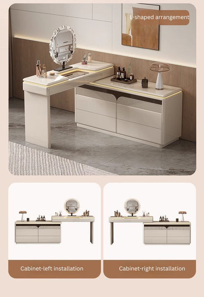 Premium Wooden Lighted Dressing Table, Glossy Off-White Finish.