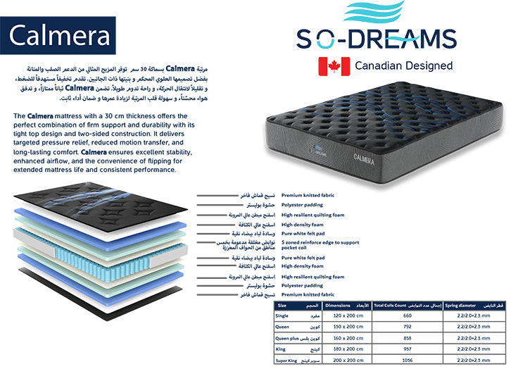 Calmera Premium Mattress, Firm Support, Dual-Sided Comfort, Canadian Designed, 30 cm Thickness.