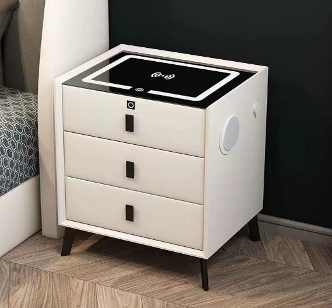 Smart Bedside Table with Three Drawers, Secure Fingerprint Lock Wireless Charging Speaker LED Light