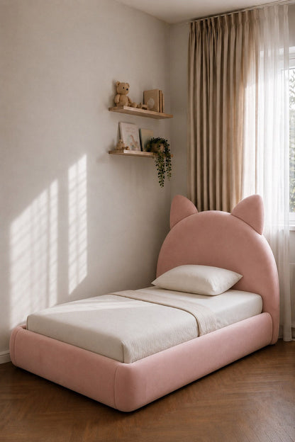 Dreamy Cat Ear Kids Upholstered Bed with Soft Rounded Frame