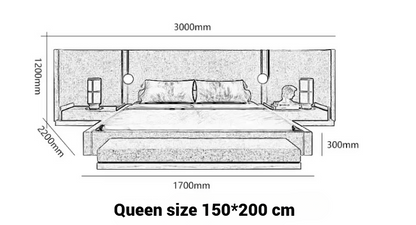Luxury Upholstered Platform Bed Set with Extended Headboard, Built-in Bedside Tables and Matching Bench
