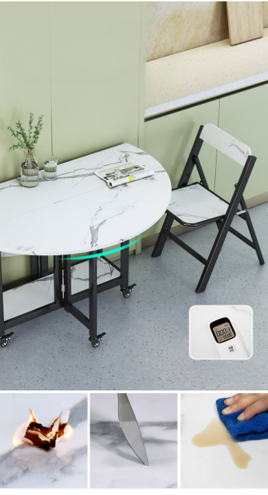 Movable Folding Round Dining Table with Six Folding Chairs.