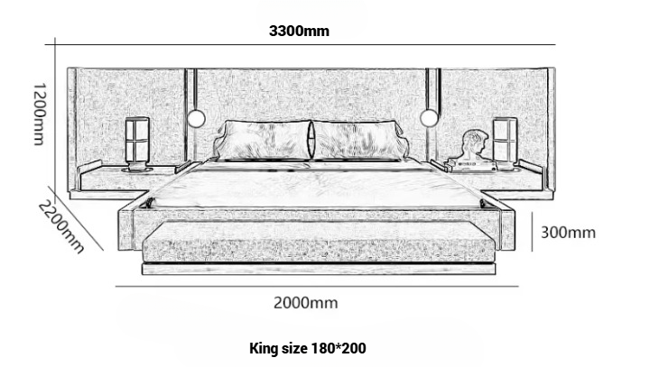 Luxury Upholstered Platform Bed Set with Extended Headboard, Built-in Bedside Tables and Matching Bench