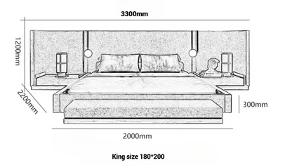 Luxury Upholstered Platform Bed Set with Extended Headboard, Built-in Bedside Tables and Matching Bench