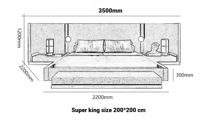 Luxury Upholstered Platform Bed Set with Extended Headboard, Built-in Bedside Tables and Matching Bench