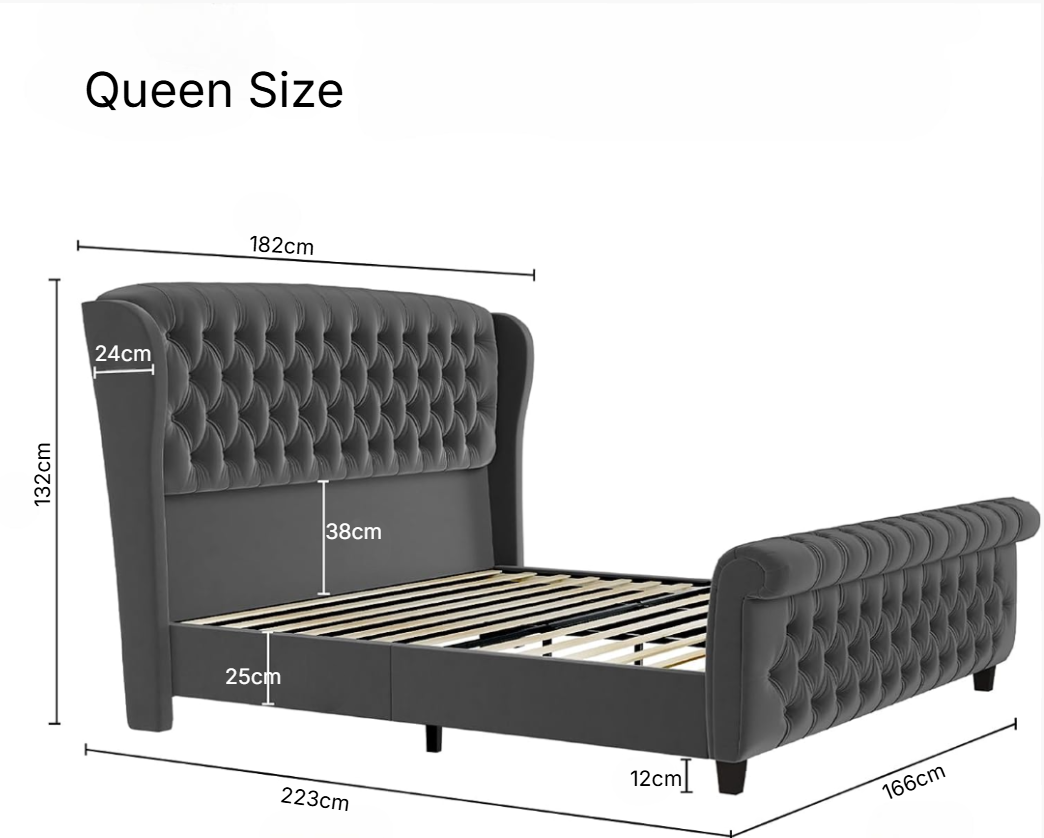 Velvet Upholstered Sleigh Bed Frame, Curved Headboard & Footboard, Deep Button Tufted Design.