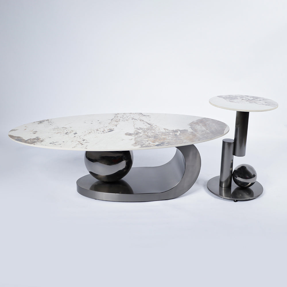 Luxury European's Style Round Oval Coffee Table in Slate Marble Top