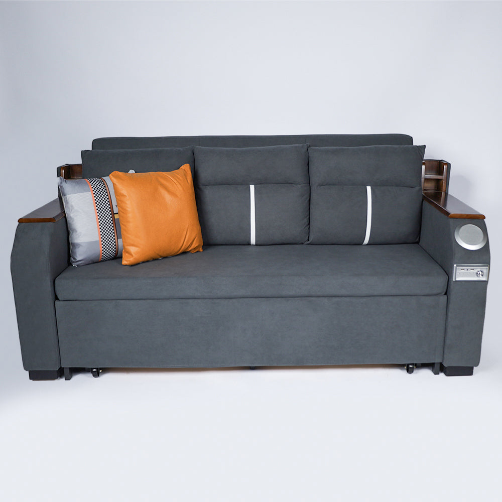 Modern Extendable 2 in 1 Sofa Bed with Side Pockets, Daybed with Bottom and Side Storage, USB Ports, Bluetooth, Speaker.