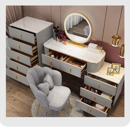 Modern Simple Advanced Solid Wood Dressing Table for Bedroom, Massive Storage Drawers, Smart Mirror and a Chair.