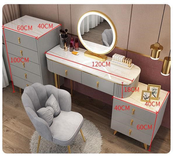 Modern Simple Advanced Solid Wood Dressing Table for Bedroom, Massive Storage Drawers, Smart Mirror and a Chair.