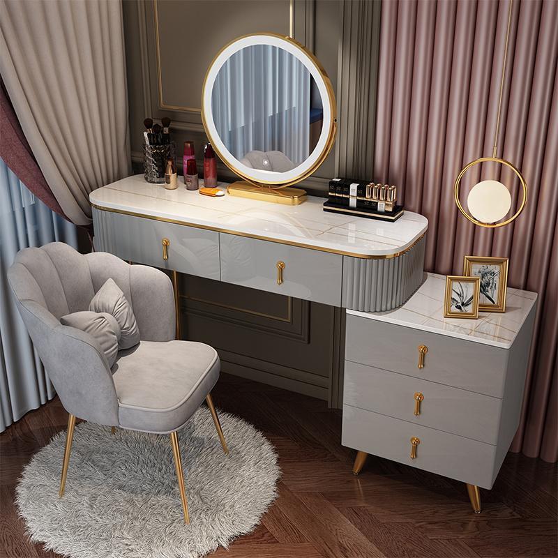 Modern Simple Advanced Solid Wood Dressing Table for Bedroom, Massive Storage Drawers, Smart Mirror and a Chair.