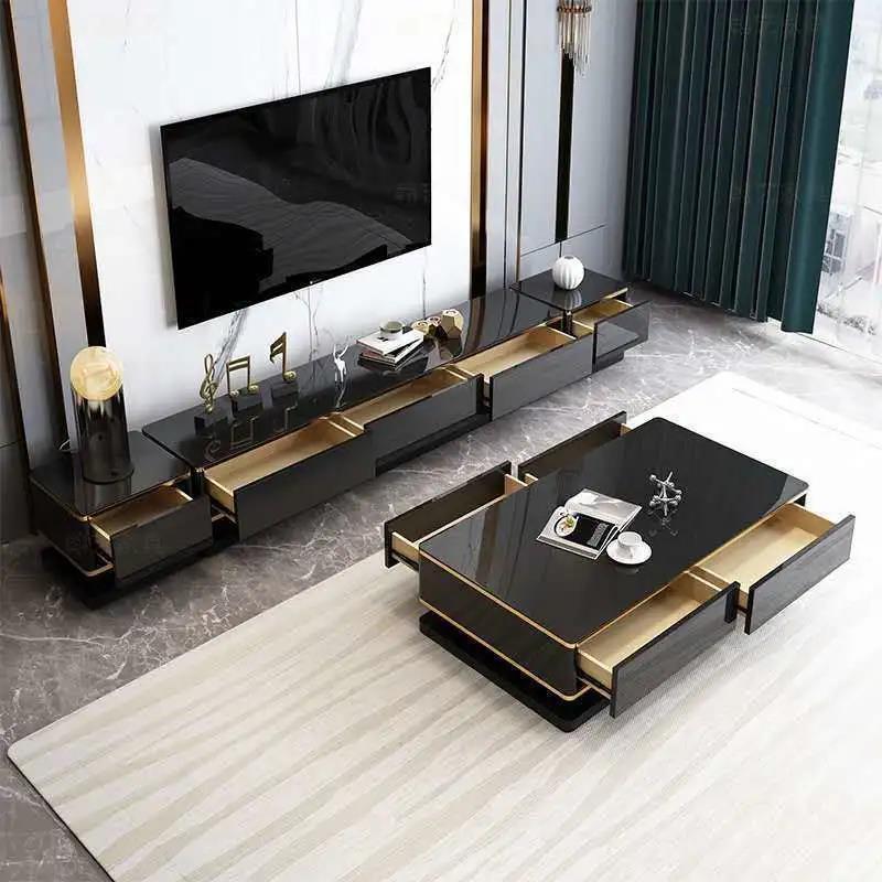 Luxurious Living Room Table Set, Coffee Table, TV Table, Two Side Tables. Attractive Design, Durable High-quality Materials, Gold Frame.