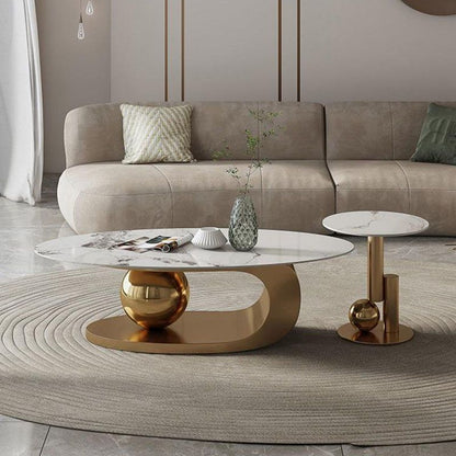 Luxury European's Style Round Oval Coffee Table in Slate Marble Top