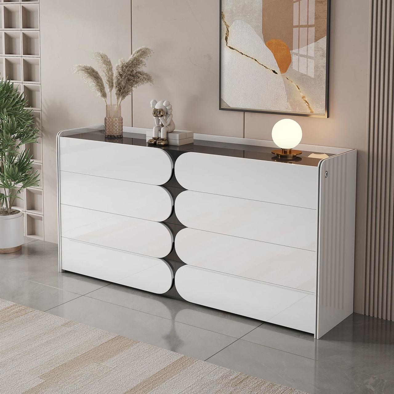 Sideboard Chest Drawers in Transparent Glass Top with LED Interior Lighting.