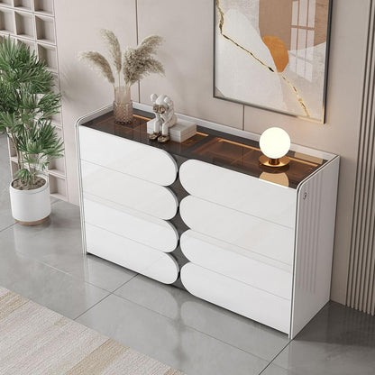 Sideboard Chest Drawers in Transparent Glass Top with LED Interior Lighting.