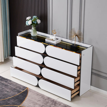 Sideboard Chest Drawers in Transparent Glass Top with LED Interior Lighting.