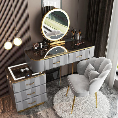 Modern Glass Smart Dressing Table, Attached with smart mirror, Smart side table give wireless charging and stool.