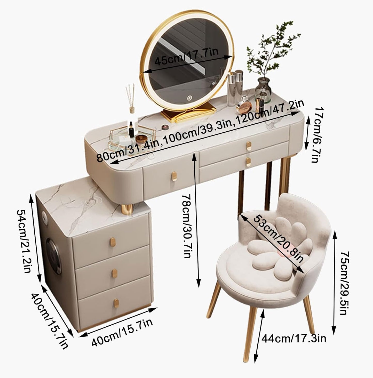 Smart Makeup Vanity Table in Slate Countertop 120cm