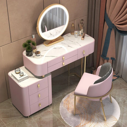 Elegant Simple Dressing Table with Mirror LED, Makeup Dresser Storage Drawers, and a Chair.