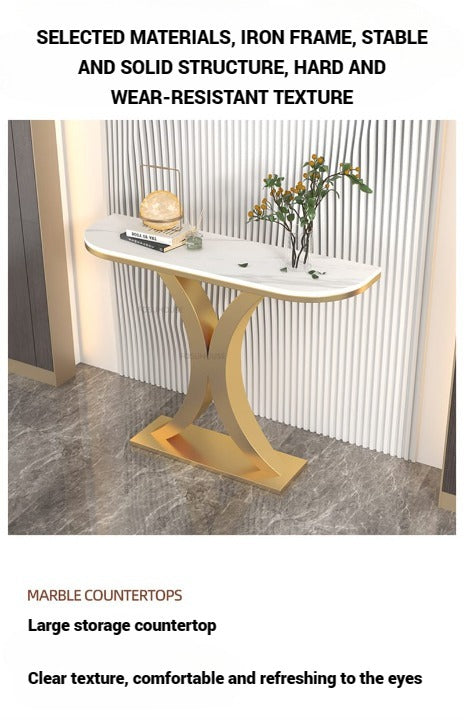 Simple Entrance Console Table in Slate Marble Top and Gold Metal Base 120cm.