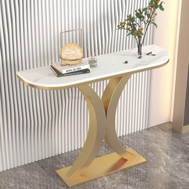 Simple Entrance Console Table in Slate Marble Top and Gold Metal Base 120cm.