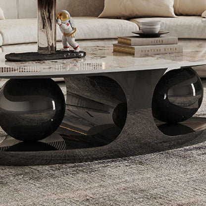 Living room Coffee Table Round Oval Slate Marble-Patterned Center Tables, Stainless Steel Gold Bases.