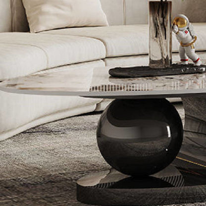 Living room Coffee Table Round Oval Slate Marble-Patterned Center Tables, Stainless Steel Gold Bases.