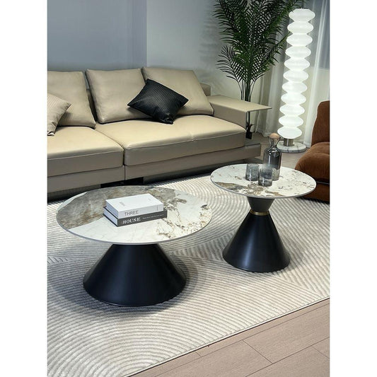 Set of Two Round Coffee Tables Sintered Stone Countertop Metal Base.