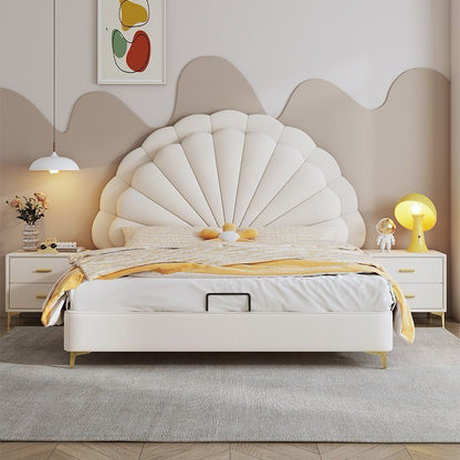 Modern Upholstered Leather Bed, Petal Shaped Headboard with Hydraulic Storage.