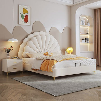 Modern Upholstered Leather Bed, Petal Shaped Headboard with Hydraulic Storage.