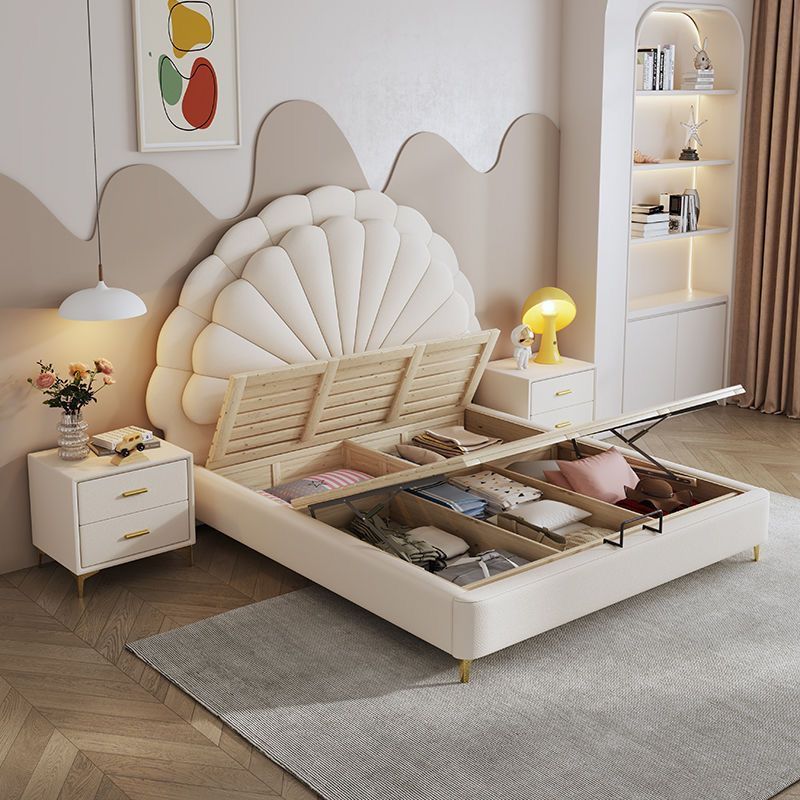 Modern Upholstered Leather Bed, Petal Shaped Headboard with Hydraulic Storage.