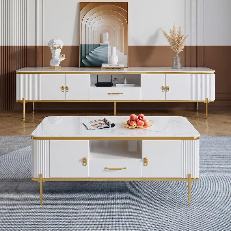 Living room Table Set Modern Coffee Table and TV Stand in White and Gold Accents.