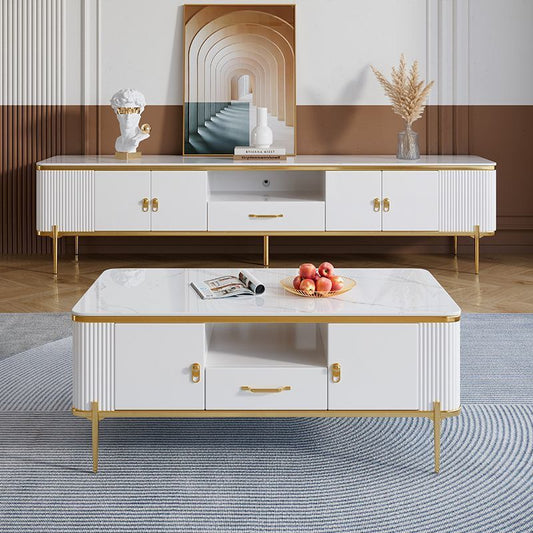 Living room Table Set Modern Coffee Table and TV Stand in White and Gold Accents.