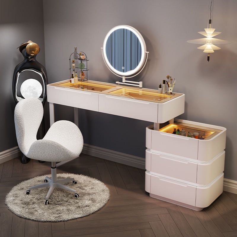 Sleek Modern Dressing Table with Chair and Retractable Mirror, Vanity Table Feature a Lighted Countertop.