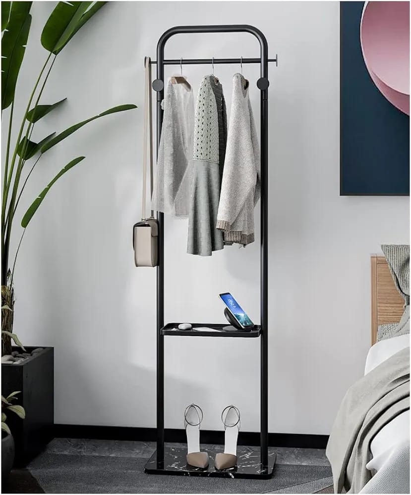 Free Standing Clothes Hanger Black Metal Garment Hanger with Shelf for Bedroom or Entryway.