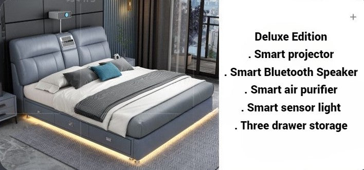 Luxury Smart Bed with Projector, Bluetooth Speaker, Air Purifier, Smart Sensor Light, Three Drawer Storage.