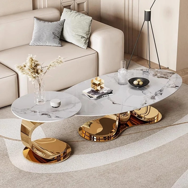 Luxurious Coffee Table Set Stainless Steel Gold with Slate Marble Top.