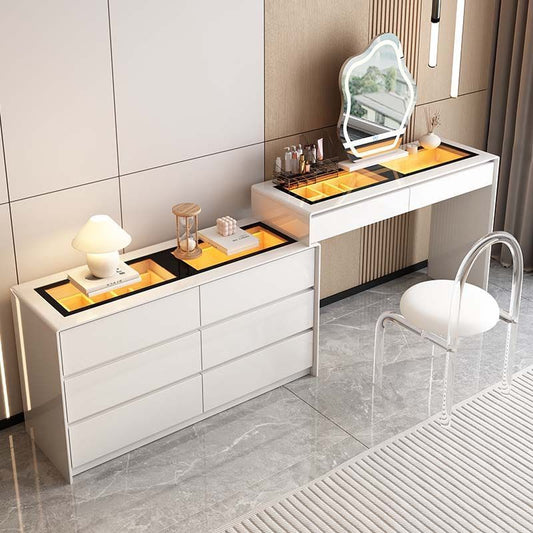 White Lighted Dressing Table With Chair and Mirror.
