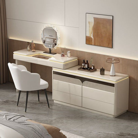 Premium Wooden Lighted Dressing Table, Glossy Off-White Finish.