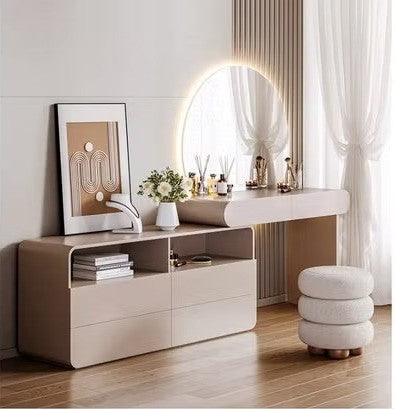 Modern Dressing Table Set with Rounded Big Mirror and Stool.